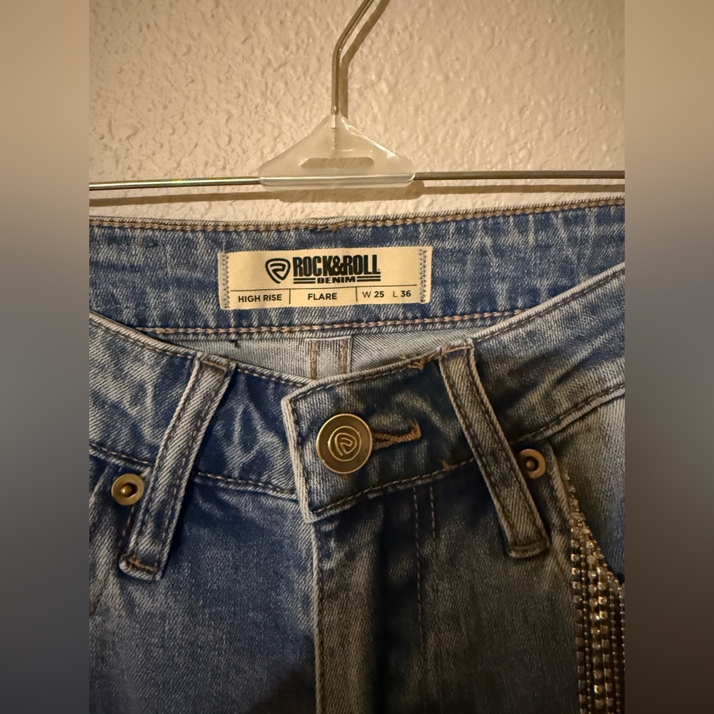 ROCK & ROLL DENIM POCKET FRINGE HIGH RISE FLARE 25 - Picture 6 of 7